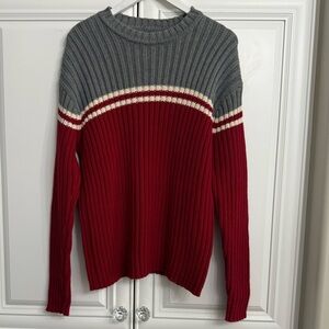 GAP Men's Medium Ribbed Crew Neck 100% Cotton Sweater Red Grey Cream Heavyweight